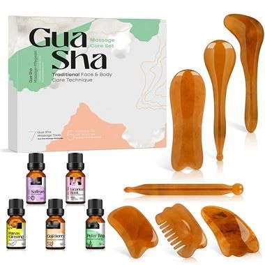 GUA SHA ansigtsværktøjer og massageolie -sæt